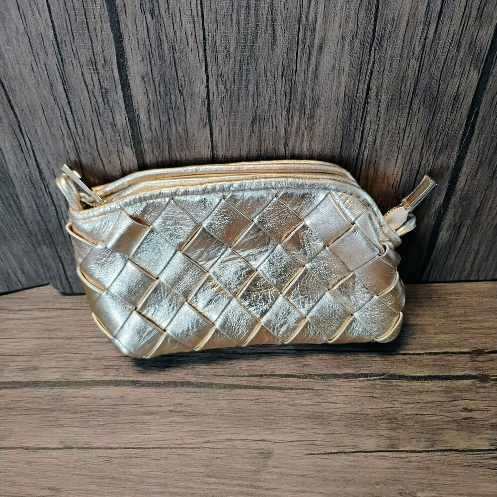 Vince Camuto Gold Woven Leather Wristlet Clutch With Zipper Closure 8" x 5"